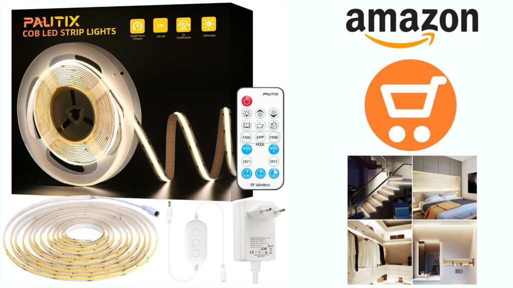 PAUTIX Bande LED COB blanche 4000K, Kit de bande LED à intensité variable 5m Super Bright 24V Ruban LED avec télécommande RF à 18 touches pour cuisine, chambre à coucher, maison bricolage