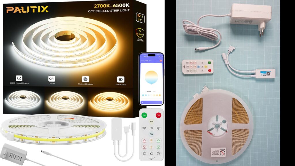 Ruban LED COB pour éclairer une cuisine ou un salon.  10m Kit, 6400LEDs Dimmable 2700K-6500K CRI93+ 24V LED Bande avec Secteur 84W et Contrôleur, APP Contrôle/Mode Musique pour Sous Armoire Chambre DIY Éclairage