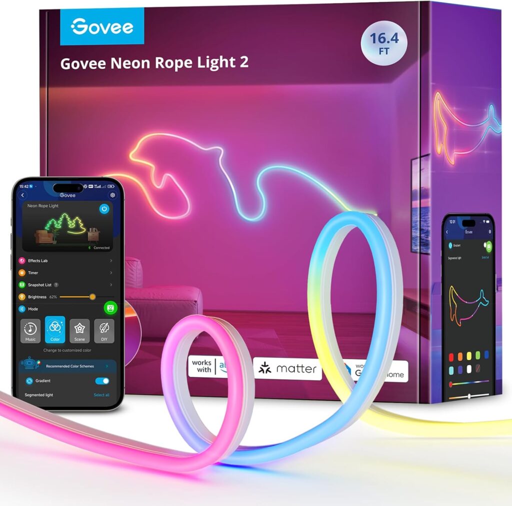 Cartographie de Forme: cette bande led neon Govee crée des effets d'éclairage personnalisés avec la cartographie de forme dans l'App Govee Home. Il s'agit d'une nouvelle technologie de Govee qui reconnaît les motifs via l'appareil photo de votre téléphone et crée ensuite facilement les lumières souhaitées dans l'App.
Éclairage RGBIC: 64 effets d'éclairage prédéfinis parmi lesquels choisir, tirant parti de la technologie d'éclairage avancée pour obtenir un éclairage uniforme et dynamique. Prend en charge le ruban LED néon pour rétrécir ou agrandir les lumières dans toutes les directions pour des effets d'éclairage plus brillants.
Compatible avec Matter et Contrôle Intelligent: Neon Rope Light 2 est compatible avec Matter, vous pouvez facilement régler l'éclairage via Homekit, Alexa ou Google Assistant, créant ainsi une intelligence domestique pratique pour vous et votre famille.
Sync musicale Vive : Ruban LED Néon prend en charge 12 modes de synchronisation musicale pour créer un festin lumineux fascinant. Grâce à la fonction Govee Dreamview, d'autres lumières intelligentes Govee peuvent également être synchronisées pour apporter une expérience interactive son et lumière à votre espace.
Installation sans Tracas : Neon Rope Light utilise un matériau silicone plus doux et plus léger qui permet des formes plus complexes. Le clip de pliage équipé permet de fixer facilement les néons LED dans la forme souhaitée. Remarque : 10 clips de courbure et 15 clips de montage.