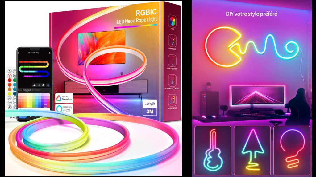 Govee Neon Ruban LED 3m, RGBIC Bande LED avec Contrôle WiFi APP, Compatible  avec Alexa, Multicolore Lumiere à Changement de Couleur Segmentable pour la  Chambre Bandeau Plafond