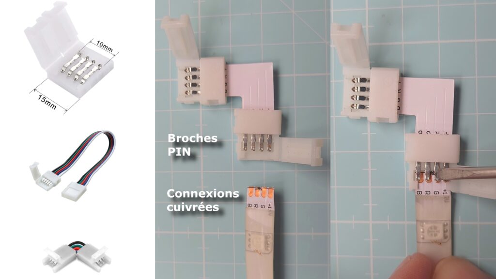 Réparer un ruban LED avec un connecteur  LED. Appuyez avec un tournevis sur chaque broche du connecteur pour optimiser le contacte électrique 