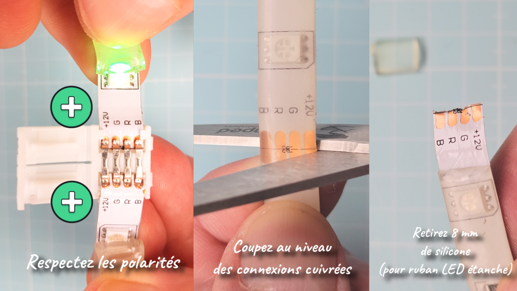 Où couper un ruban LED ? Comment couper une bande LED . il faut couper un ruban LED au niveau des connexions cuivrées. 