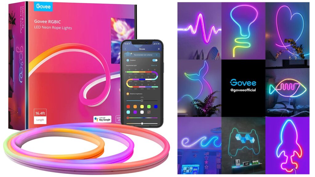 Ruban LED GOVEE neon RGBIC. Govee Neon Ruban LED Mural 3m, RGBIC Bande LED avec Multiformes DIY, Changement de Couleur Segmentable, Contrôle APP et Vocal Alexa via WiFi et Bluetooth.
DIY Votre Forme Préférée: Les bandes de néon mural en silicone sont si douces que vous pouvez les plier en différentes formes à votre guise, créant un modèle personnalisé qui ajoute un éclairage expressif à votre téléviseur, salon ou chambre à coucher. 
Couleur RGBIC Dynamique: Laissez vaguer votre imagination avec la technologie Govee RGBIC pour la décoration de noël. Définissez plus de couleurs sur les néons rubans LED et affichez des effets multicolores animés et fluides basés sur la nature, la fête et les émotions.
Commande Vocale & Contrôle App: Gérez vos Govee LED néon 3m avec des commandes vocales via Alexa et Google Assistant. Profitez de l’accès à plus de couleurs et de fonctionnalités telles que le minuteur, DIY et la mode musique avec APP Govee Home.
Synchronisation avec la Musique: Améliorez votre fête et jeu avec le néon mural, qui utilise un micro-intégré pour détecter le son ambiant et la musique de jeu, faire correspondre avec des effets qui réagissent en temps réel, profitez de moments fantastiques.
Govee Home APP Fonctionnelle: Téléchargez l’app Govee Home pour une expérience plus excitante, 16 millions couleurs de personnalisation, 64 modes de scène prédéfinis, 11 modes de musique, un contrôle de groupe avec d’autres lumières intelligentes Govee.